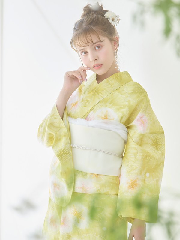 画像12: 【即日発送】イエローグリーン絞り柄浴衣  【浴衣３点セット 浴衣/帯/下駄】[YMT] (12)
