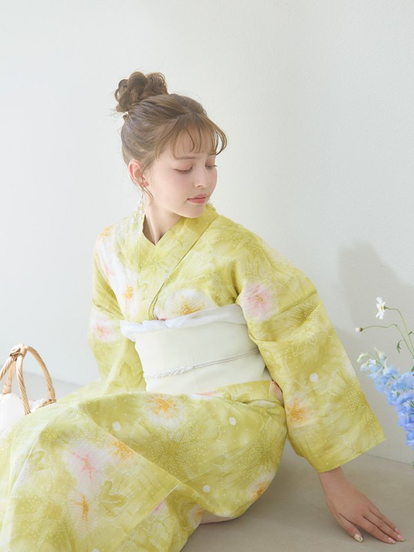 画像13: 【即日発送】イエローグリーン絞り柄浴衣  【浴衣３点セット 浴衣/帯/下駄】[YMT] (13)