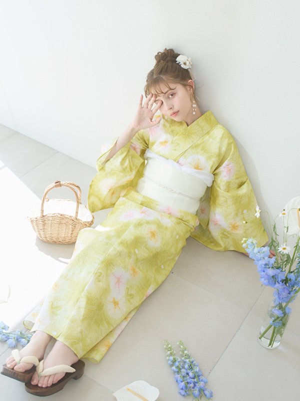 画像14: 【即日発送】イエローグリーン絞り柄浴衣  【浴衣３点セット 浴衣/帯/下駄】[YMT] (14)
