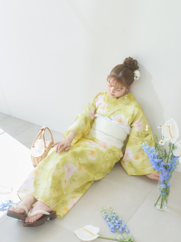 画像15: 【即日発送】イエローグリーン絞り柄浴衣  【浴衣３点セット 浴衣/帯/下駄】[YMT] (15)