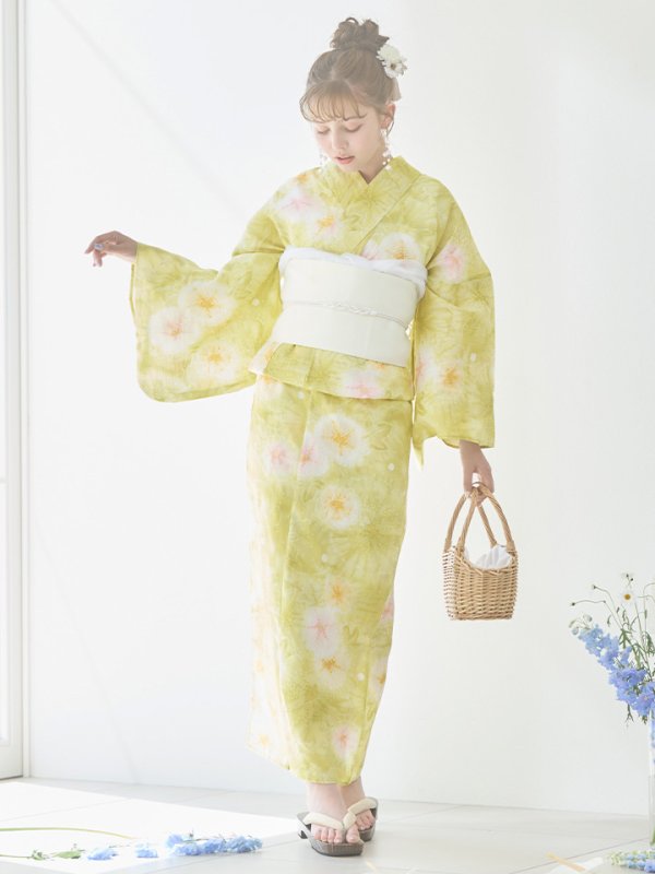 画像16: 【即日発送】イエローグリーン絞り柄浴衣  【浴衣３点セット 浴衣/帯/下駄】[YMT] (16)