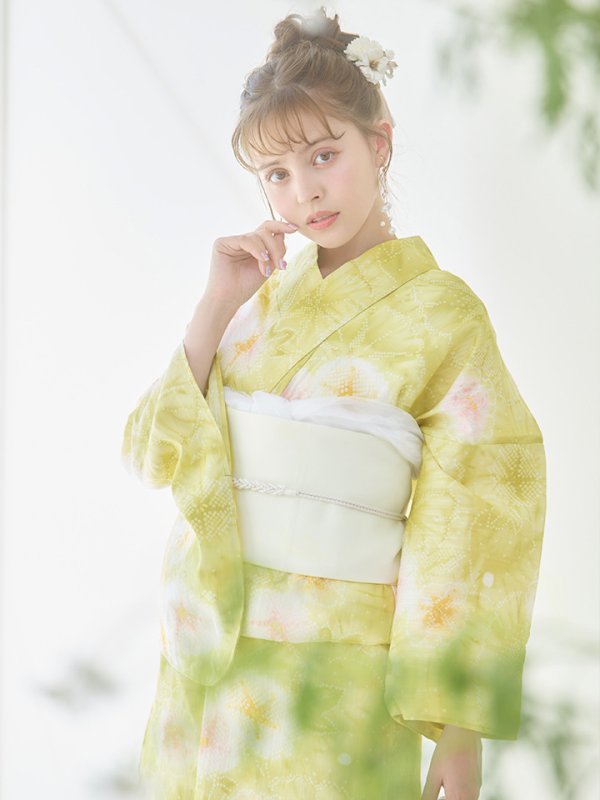 画像2: 【即日発送】イエローグリーン絞り柄浴衣  【浴衣３点セット 浴衣/帯/下駄】[YMT] (2)