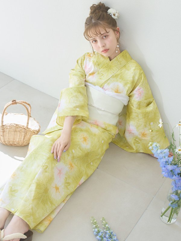 画像3: 【即日発送】イエローグリーン絞り柄浴衣  【浴衣３点セット 浴衣/帯/下駄】[YMT] (3)