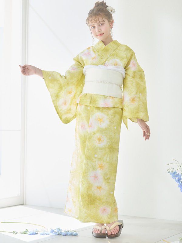 画像4: 【即日発送】イエローグリーン絞り柄浴衣  【浴衣３点セット 浴衣/帯/下駄】[YMT] (4)
