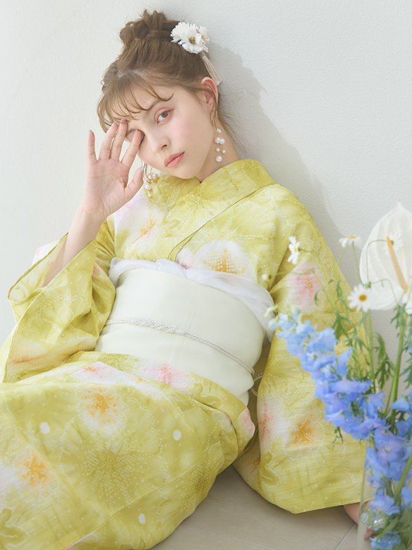 画像5: 【即日発送】イエローグリーン絞り柄浴衣  【浴衣３点セット 浴衣/帯/下駄】[YMT] (5)