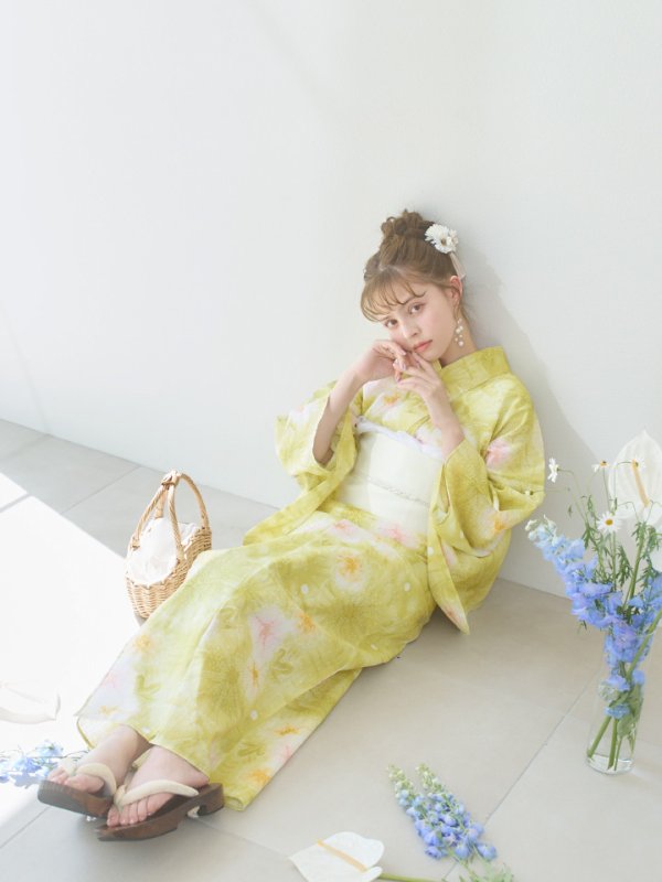 画像7: 【即日発送】イエローグリーン絞り柄浴衣  【浴衣３点セット 浴衣/帯/下駄】[YMT] (7)