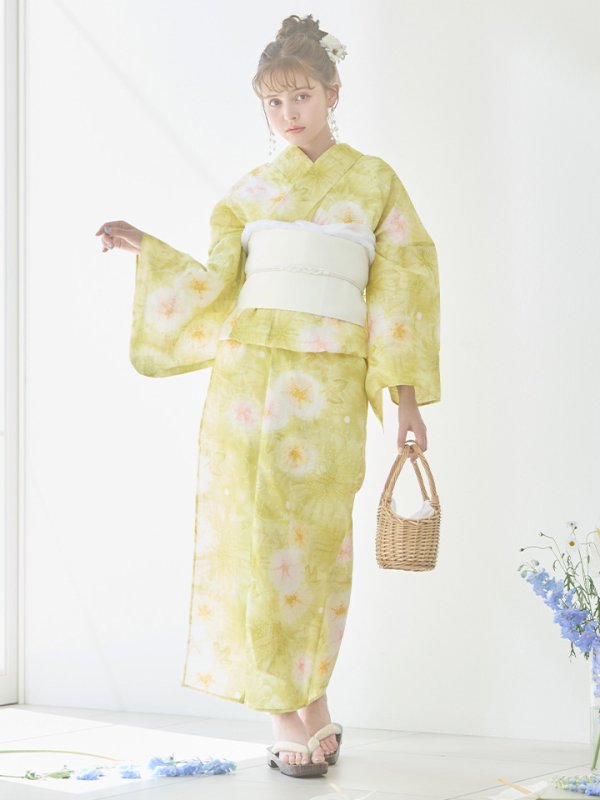 画像8: 【即日発送】イエローグリーン絞り柄浴衣  【浴衣３点セット 浴衣/帯/下駄】[YMT] (8)