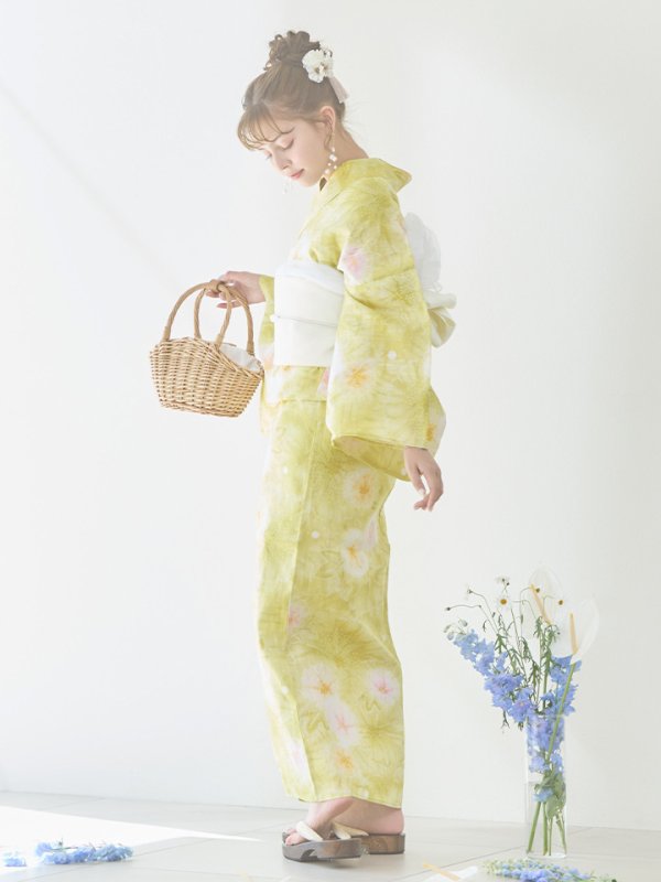 画像9: 【即日発送】イエローグリーン絞り柄浴衣  【浴衣３点セット 浴衣/帯/下駄】[YMT] (9)