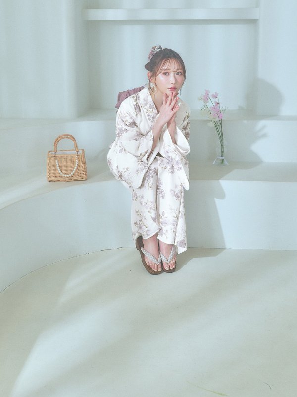 画像16: 【即日発送】くすみカラー× 水彩フラワー浴衣  【浴衣３点セット 浴衣/帯/下駄】[YMT] (16)