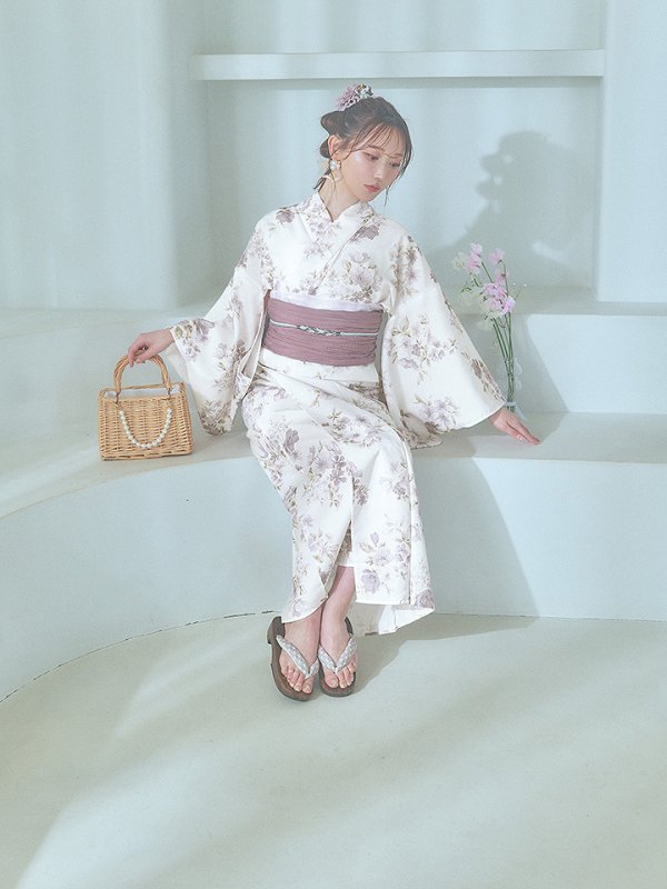 画像7: 【即日発送】くすみカラー× 水彩フラワー浴衣  【浴衣３点セット 浴衣/帯/下駄】[YMT] (7)