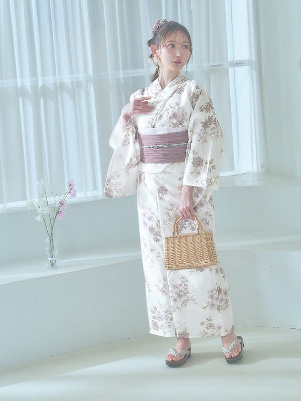 画像8: 【即日発送】くすみカラー× 水彩フラワー浴衣  【浴衣３点セット 浴衣/帯/下駄】[YMT] (8)