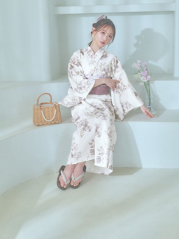画像9: 【即日発送】くすみカラー× 水彩フラワー浴衣  【浴衣３点セット 浴衣/帯/下駄】[YMT] (9)