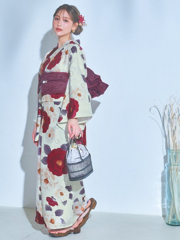 画像3: 【即日発送】ホワイト＆レッド椿浴衣  【浴衣３点セット 浴衣/帯/下駄】[OF04] (3)