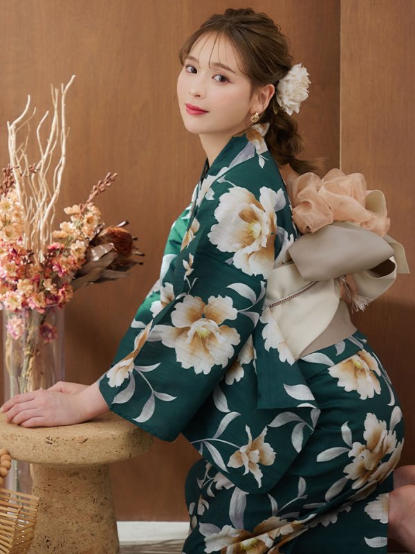 画像1: 【即日発送】グリーン×牡丹浴衣 OBI-hira-100-ok-9-PxBR / HIMO-900-yn-7-MOC / HEKO-800-sb-3-BR / YA-953-kn-W / GETA-02-ok-4-MOC[YMT] (1)