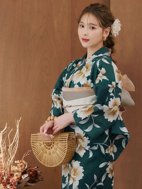 画像2: 【即日発送】グリーン×牡丹浴衣  【浴衣３点セット 浴衣/帯/下駄】[YMT] (2)