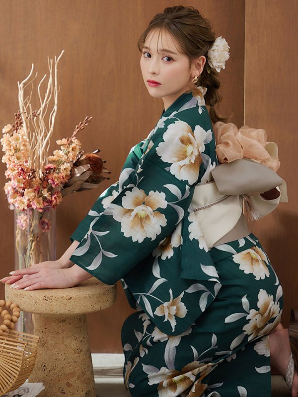 画像3: 【即日発送】グリーン×牡丹浴衣  【浴衣３点セット 浴衣/帯/下駄】[YMT] (3)