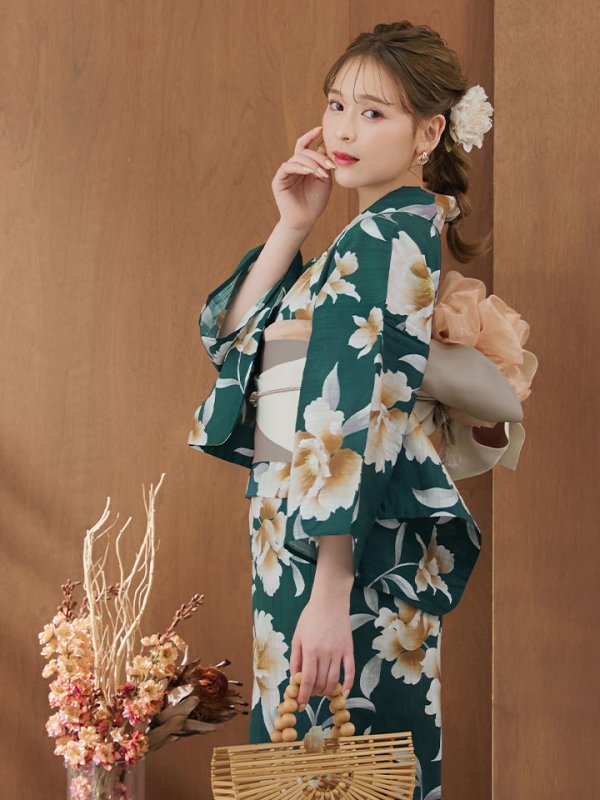 画像5: 【即日発送】グリーン×牡丹浴衣  【浴衣３点セット 浴衣/帯/下駄】[YMT] (5)