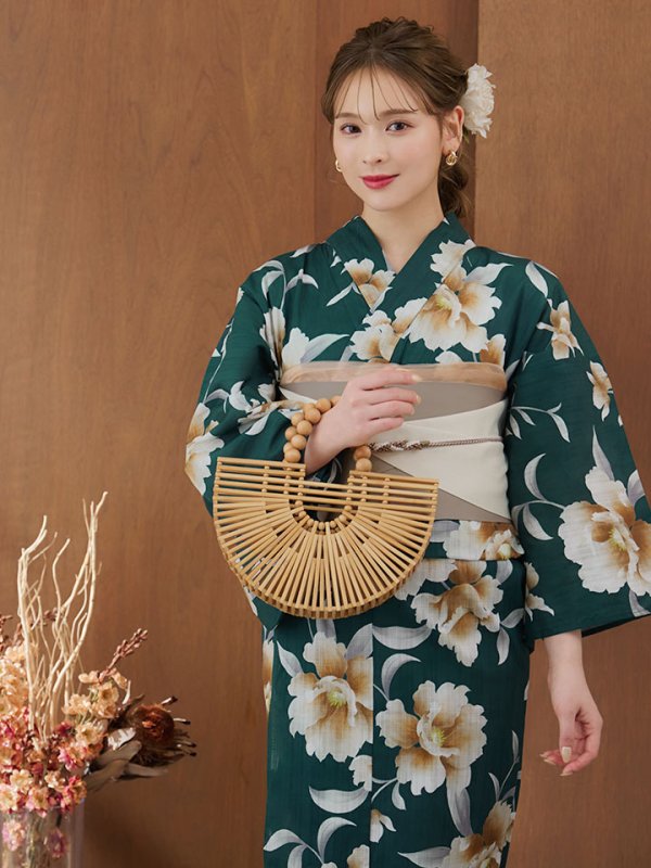 画像7: 【即日発送】グリーン×牡丹浴衣  【浴衣３点セット 浴衣/帯/下駄】[YMT] (7)