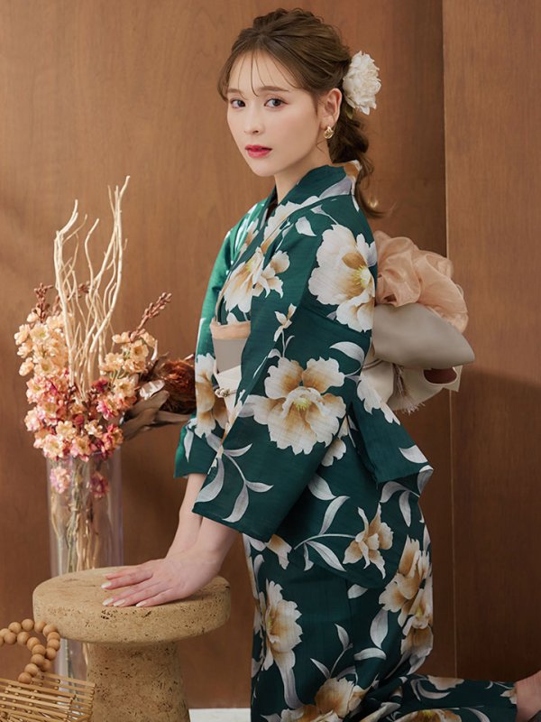 画像8: 【即日発送】グリーン×牡丹浴衣  【浴衣３点セット 浴衣/帯/下駄】[YMT] (8)