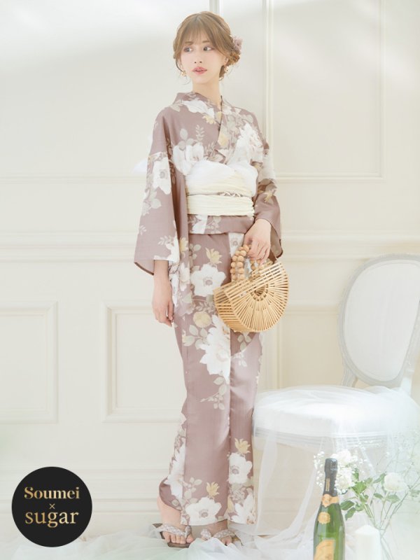 画像2: 【即日発送】ピンクベージュフラワー浴衣  【浴衣３点セット 浴衣/帯/下駄】[YMT] (2)
