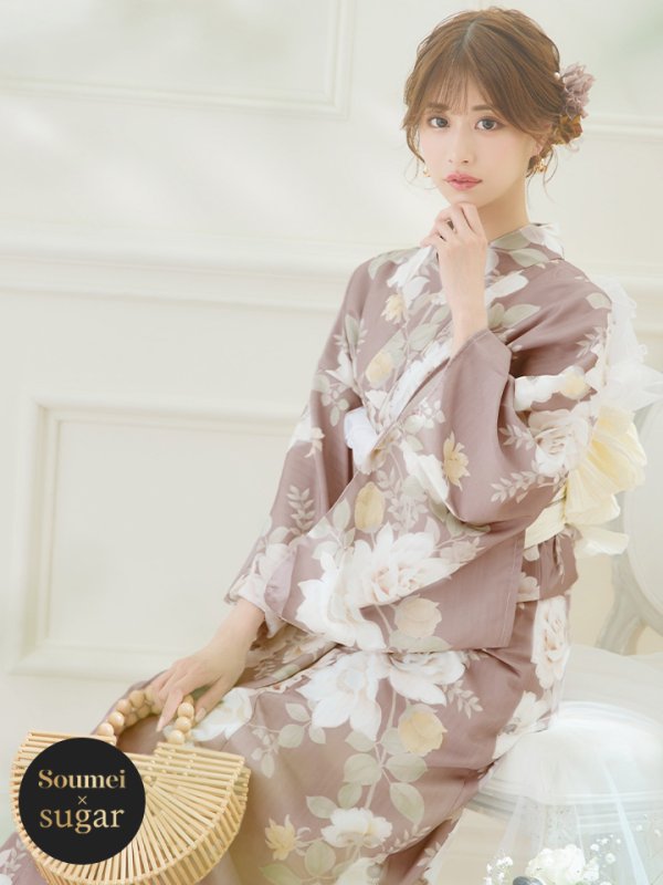 画像3: 【即日発送】ピンクベージュフラワー浴衣  【浴衣３点セット 浴衣/帯/下駄】[YMT] (3)