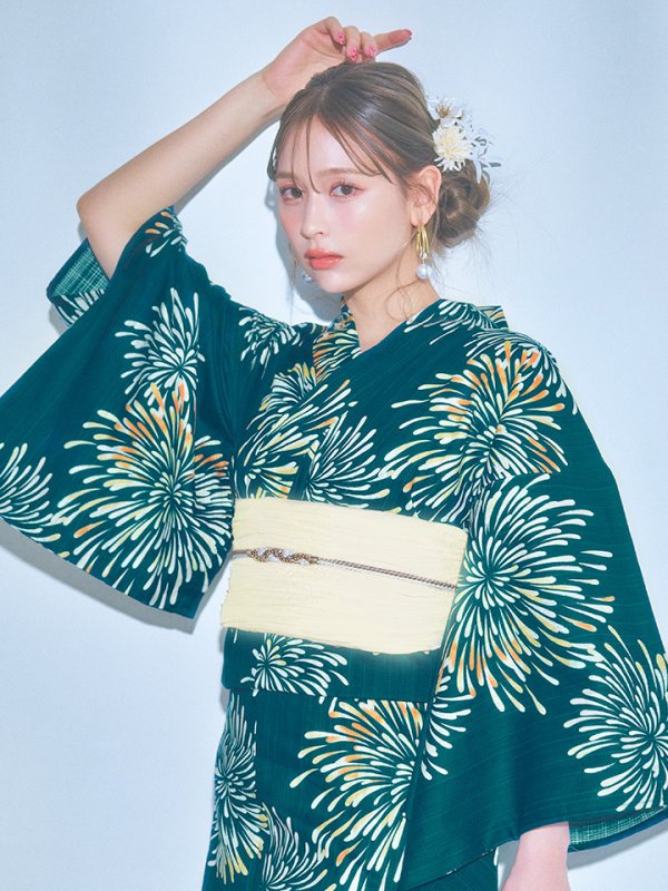 画像10: 【即日発送】エメラルドグリーン×花火浴衣  【浴衣３点セット 浴衣/帯/下駄】[YMT] (10)