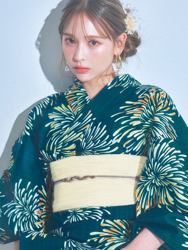 画像15: 【即日発送】エメラルドグリーン×花火浴衣  【浴衣３点セット 浴衣/帯/下駄】[YMT] (15)