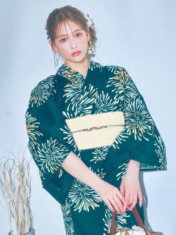 画像2: 【即日発送】エメラルドグリーン×花火浴衣  【浴衣３点セット 浴衣/帯/下駄】[YMT] (2)