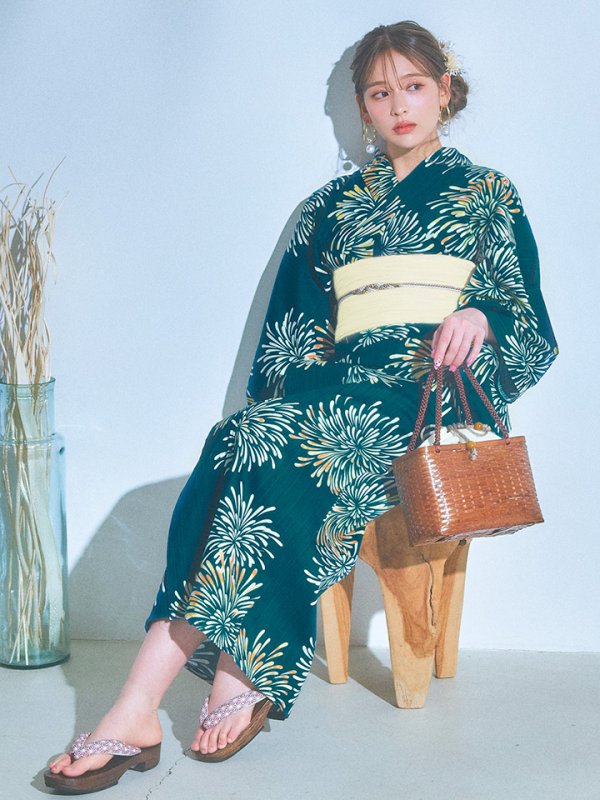 画像6: 【即日発送】エメラルドグリーン×花火浴衣  【浴衣３点セット 浴衣/帯/下駄】[YMT] (6)
