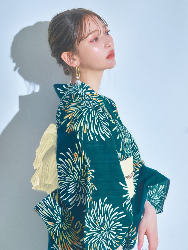 画像9: 【即日発送】エメラルドグリーン×花火浴衣  【浴衣３点セット 浴衣/帯/下駄】[YMT] (9)