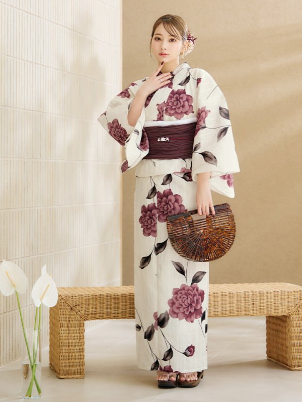 画像2: 【即日発送】パープルレッドダリア柄浴衣  【浴衣３点セット 浴衣/帯/下駄】[OF04] (2)