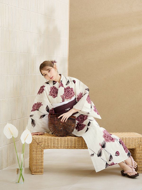 画像10: 【即日発送】パープルレッドダリア柄浴衣  【浴衣３点セット 浴衣/帯/下駄】[OF04] (10)