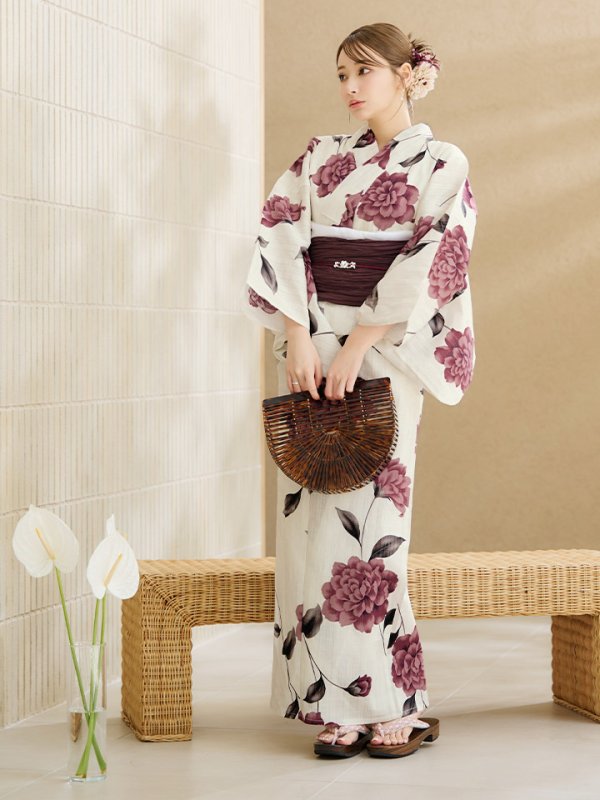 画像11: 【即日発送】パープルレッドダリア柄浴衣  【浴衣３点セット 浴衣/帯/下駄】[OF04] (11)