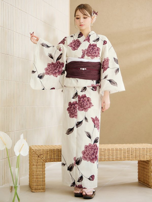 画像4: 【即日発送】パープルレッドダリア柄浴衣  【浴衣３点セット 浴衣/帯/下駄】[OF04] (4)