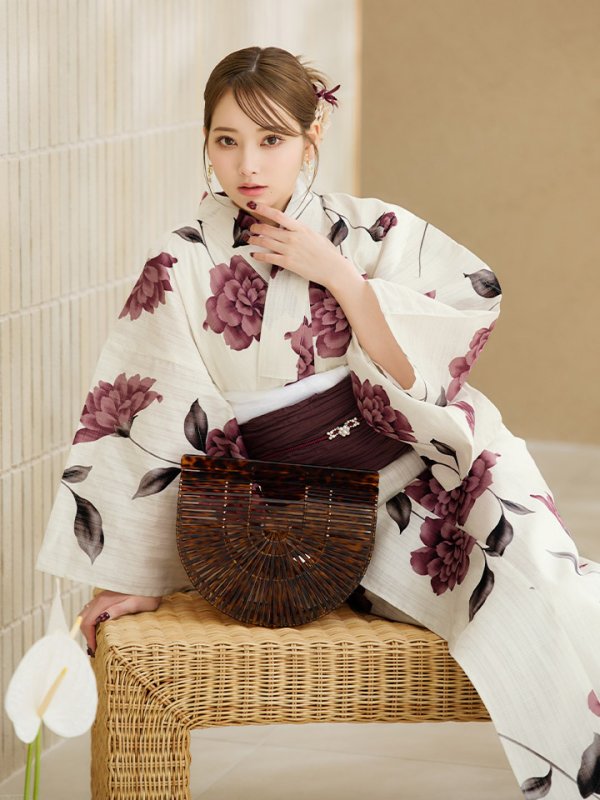 画像5: 【即日発送】パープルレッドダリア柄浴衣  【浴衣３点セット 浴衣/帯/下駄】[OF04] (5)