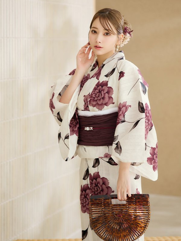 画像6: 【即日発送】パープルレッドダリア柄浴衣  【浴衣３点セット 浴衣/帯/下駄】[OF04] (6)