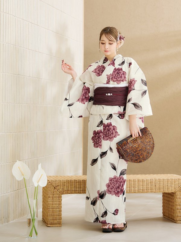 画像7: 【即日発送】パープルレッドダリア柄浴衣  【浴衣３点セット 浴衣/帯/下駄】[OF04] (7)