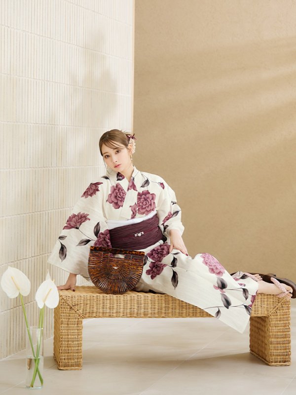 画像8: 【即日発送】パープルレッドダリア柄浴衣  【浴衣３点セット 浴衣/帯/下駄】[OF04] (8)