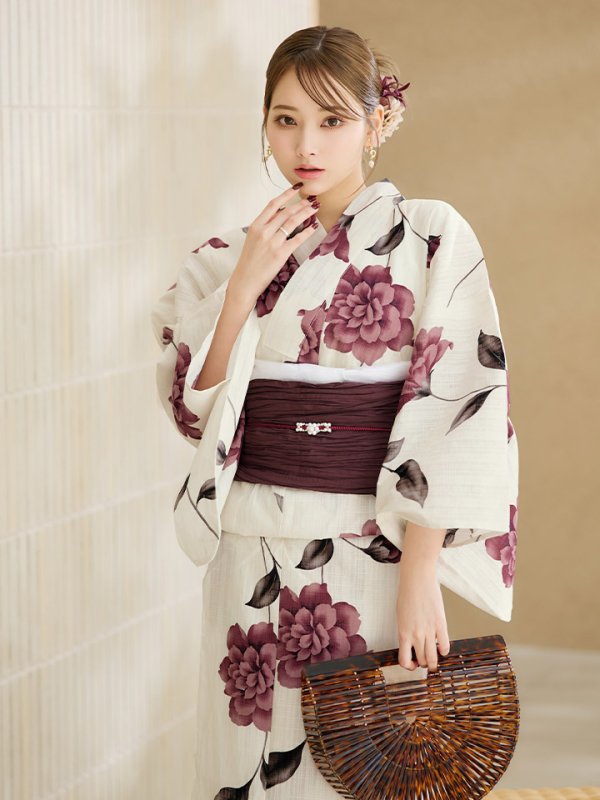 画像9: 【即日発送】パープルレッドダリア柄浴衣  【浴衣３点セット 浴衣/帯/下駄】[OF04] (9)