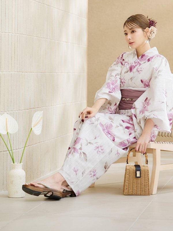 画像12: 【即日発送】パープルピンクフラワー浴衣  【浴衣３点セット 浴衣/帯/下駄】[YMT] (12)