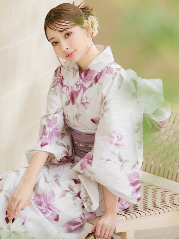 画像2: 【即日発送】パープルピンクフラワー浴衣  【浴衣３点セット 浴衣/帯/下駄】[YMT] (2)