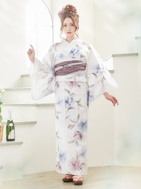 画像4: 【即日発送】ホワイト×アイシーフラワー浴衣  【浴衣３点セット 浴衣/帯/下駄】[YMT] (4)