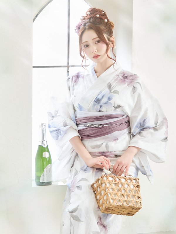 画像7: 【即日発送】ホワイト×アイシーフラワー浴衣  【浴衣３点セット 浴衣/帯/下駄】[YMT] (7)