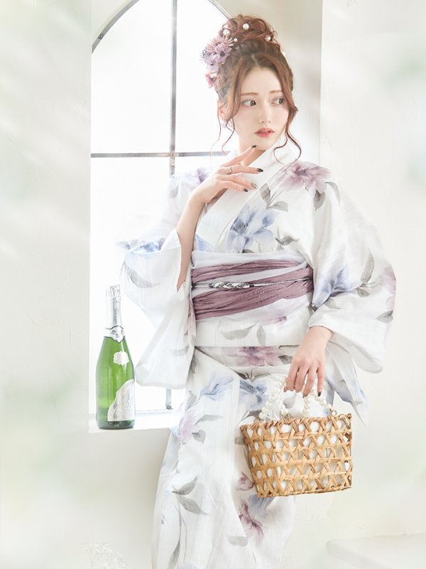 画像8: 【即日発送】ホワイト×アイシーフラワー浴衣  【浴衣３点セット 浴衣/帯/下駄】[YMT] (8)