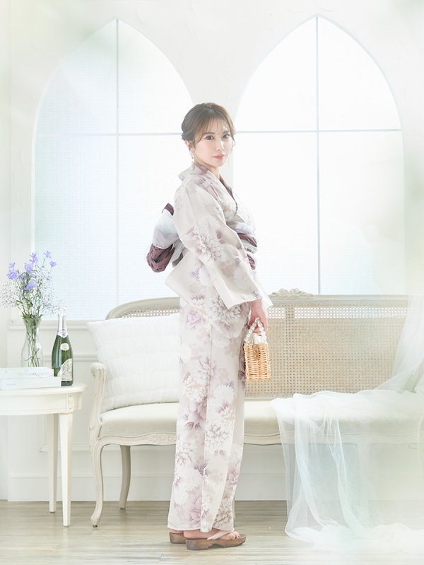 画像13: 【即日発送】くすみカラー×パープルダリア浴衣  【浴衣３点セット 浴衣/帯/下駄】[YMT] (13)