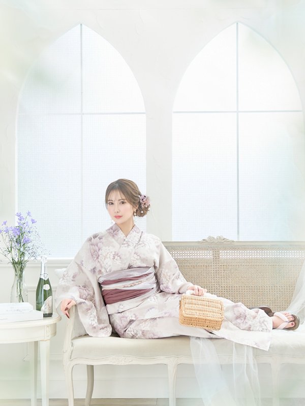 画像2: 【即日発送】くすみカラー×パープルダリア浴衣  【浴衣３点セット 浴衣/帯/下駄】[YMT] (2)