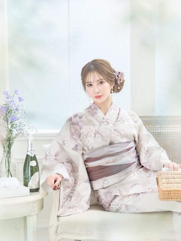 画像3: 【即日発送】くすみカラー×パープルダリア浴衣  【浴衣３点セット 浴衣/帯/下駄】[YMT] (3)