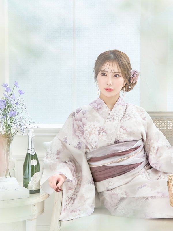 画像5: 【即日発送】くすみカラー×パープルダリア浴衣  【浴衣３点セット 浴衣/帯/下駄】[YMT] (5)