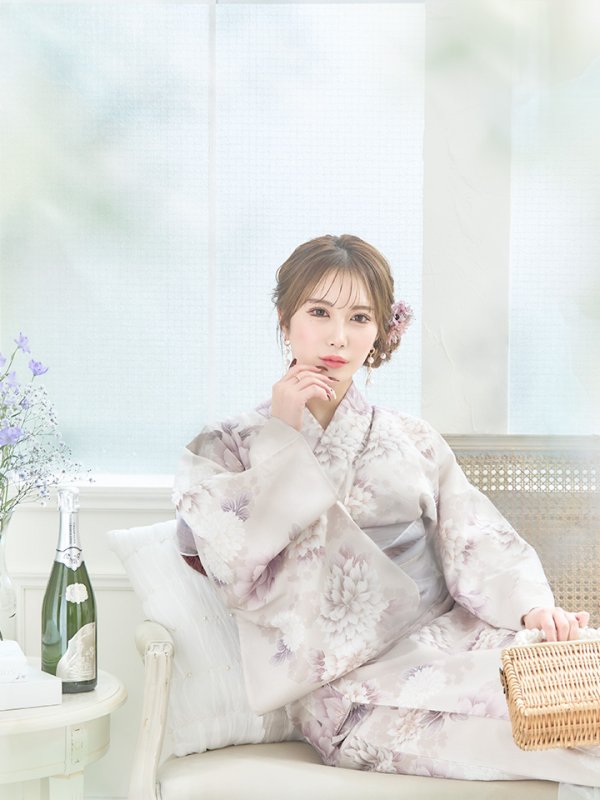 画像6: 【即日発送】くすみカラー×パープルダリア浴衣  【浴衣３点セット 浴衣/帯/下駄】[YMT] (6)