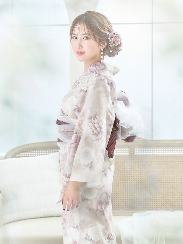 画像9: 【即日発送】くすみカラー×パープルダリア浴衣  【浴衣３点セット 浴衣/帯/下駄】[YMT] (9)